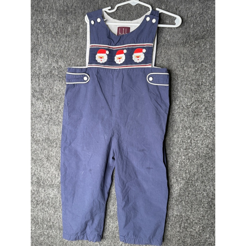 Lil Cactus Boys 3T Navy Blue Smocked Santa Claus Christmas Longall Overalls